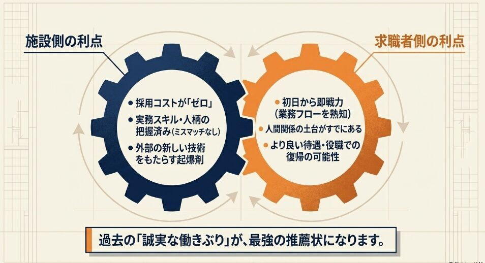 採用コスト削減と即戦力化など施設側と求職者側の出戻り転職メリット