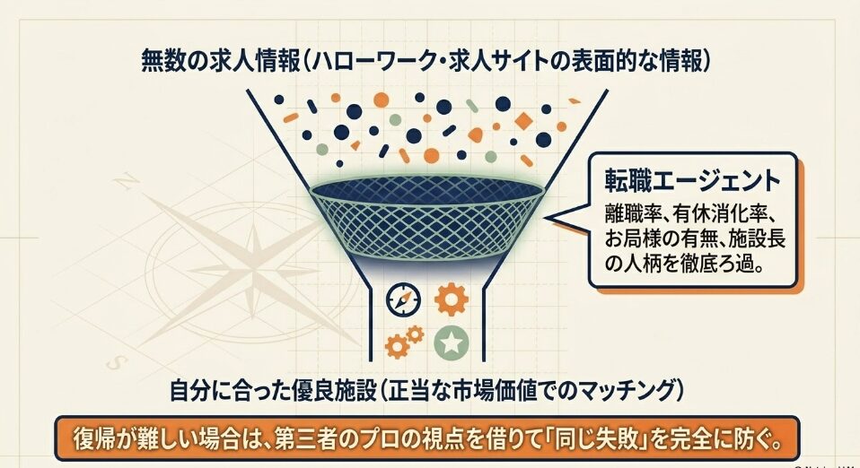 離職率などの内部事情をろ過して優良施設を抽出する転職エージェントの仕組み