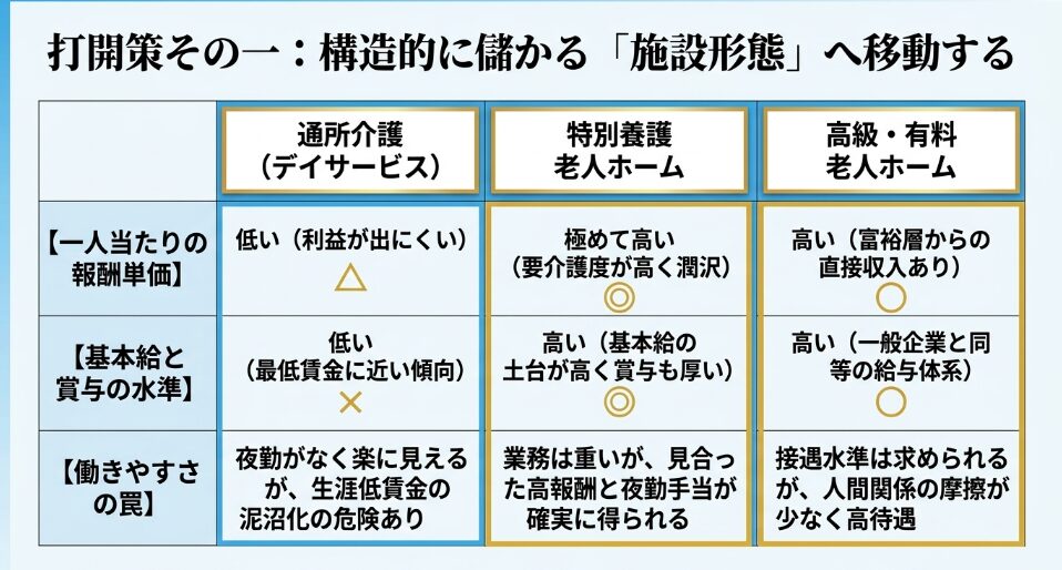 打開策1 構造的に儲かる基本給が高い施設形態へ移動する