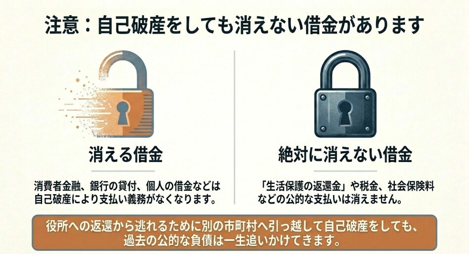 自己破産でも消えない借金の解説。消費者金融の借金は消えるが、生活保護の返還金や税金は消えないことを示す比較図。