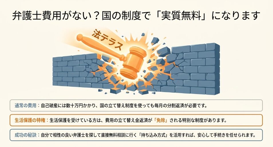 弁護士費用が実質無料になる法テラスの制度解説。生活保護受給者は費用の立て替え返済が免除される特権をイラストで表現。