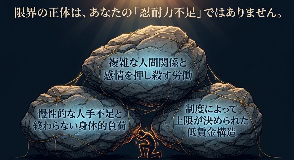 限界の正体は、あなたの忍耐力不足ではありません。複雑な人間関係、慢性的な人手不足、低賃金構造など介護職が限界を迎える構造的な理由