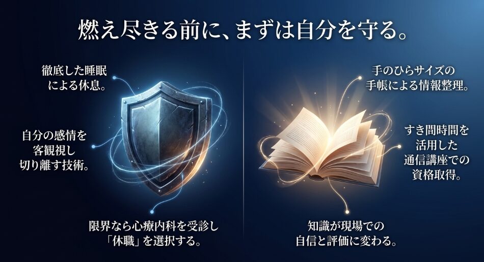 燃え尽きる前に、まずは自分を守る。徹底した睡眠、手帳での情報整理、すき間時間を活用した資格取得、限界なら心療内科を受診し休職の選択