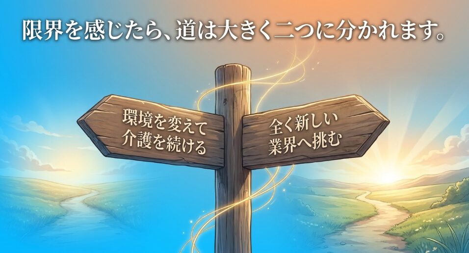 限界を感じたら、道は大きく二つに分かれます。環境を変えて介護を続けるか、全く新しい業界へ挑むかの転職戦略