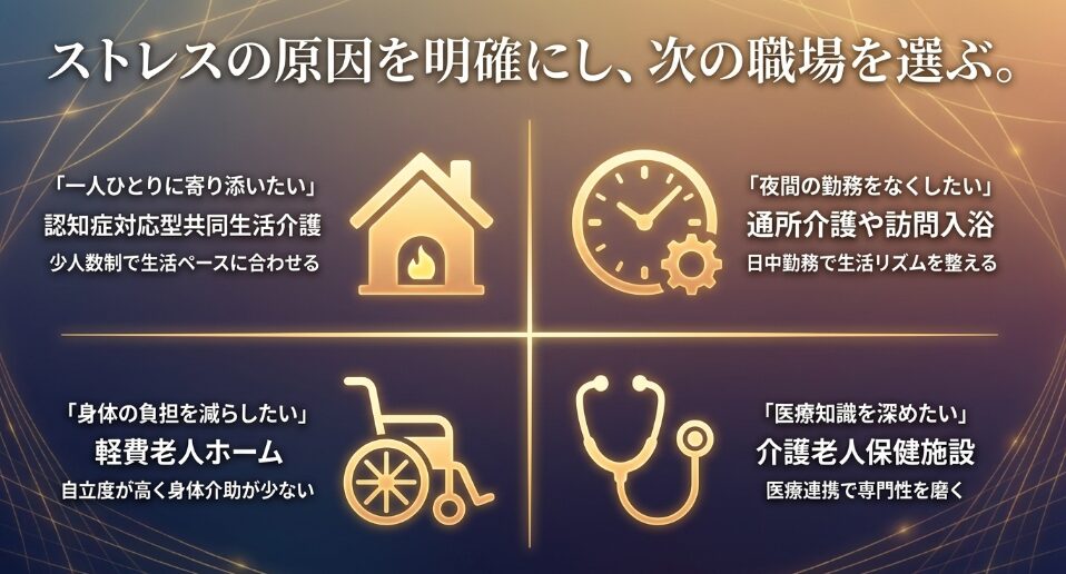 ストレスの原因を明確にし、次の職場を選ぶ。寄り添いたいならグループホーム、夜間勤務をなくすなら通所介護など、希望に合わせた施設形態の最適化