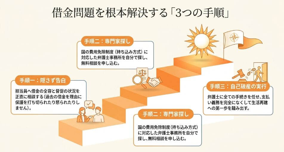 借金問題を根本解決する3つの手順。手順一：隠さず告白、手順二：専門家探し、手順三：自己破産の実行を解説。