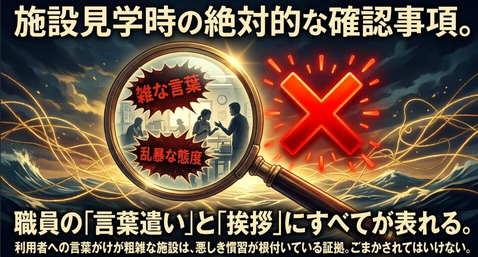 施設見学時の絶対的な確認事項。職員の利用者への言葉遣いや乱暴な態度など、ブラック施設を見抜くためのチェックポイント