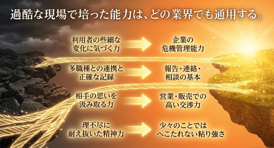 過酷な現場で培った能力は、どの業界でも通用する。利用者の変化に気づく力や多職種連携、理不尽に耐え抜いた精神力など異業種で活かせる汎用スキル