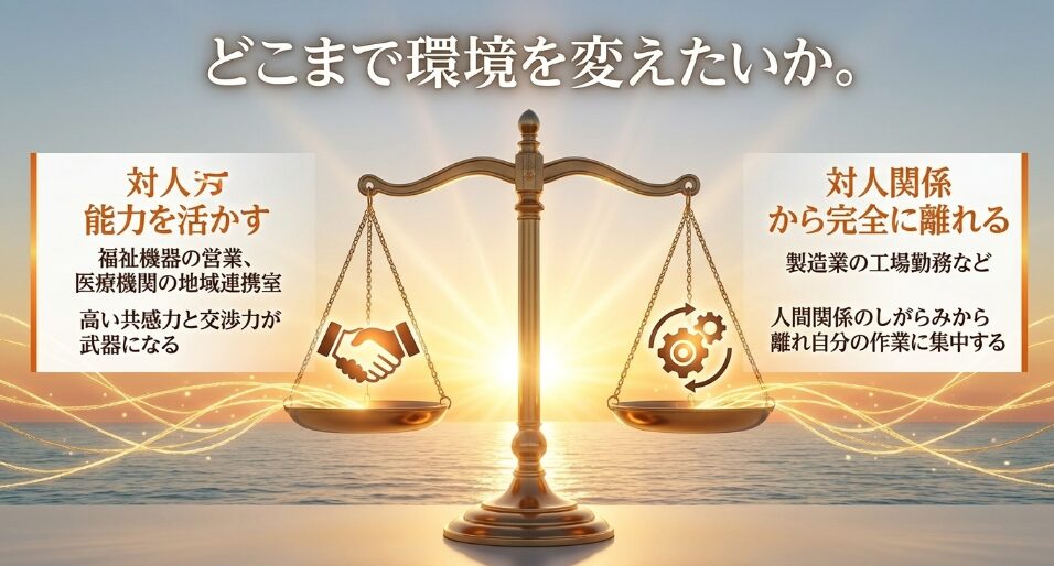 どこまで環境を変えたいか。対人能力を活かす福祉機器の営業や地域連携室、対人関係から完全に離れる製造業などおすすめの職種