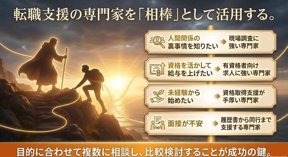転職支援の専門家を相棒として活用する。人間関係の裏事情、給与アップ、未経験からの開始、面接不安など目的に合わせたエージェントの賢い利用法