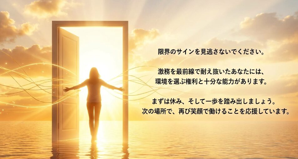 限界のサインを見逃さないでください。激務を最前線で耐え抜いたあなたには環境を選ぶ権利と十分な能力があります。次の場所で再び笑顔で働けることを応援しています