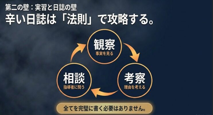 第二の壁である実習と日誌の壁について解説した図。 辛い日誌は「法則」で攻略するとし、事実を見る「観察」、指導者に問う「相談」、理由を考える「考察」のステップを紹介。 全てを完璧に書く必要はないと伝えている。