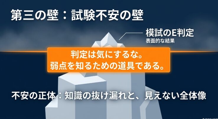 第三の壁である試験不安の壁について解説した図。 模試のE判定などの表面的な結果の判定は気にするなとアドバイスしている。 模試は弱点を知るための道具であり、不安の正体は知識の抜け漏れと見えない全体像であると説明している。