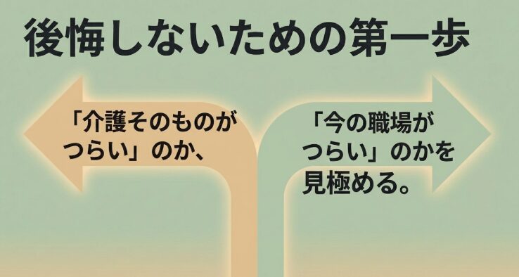 介護そのものがつらいのか、今の職場がつらいのかを見極めることが後悔しない第一歩という解説