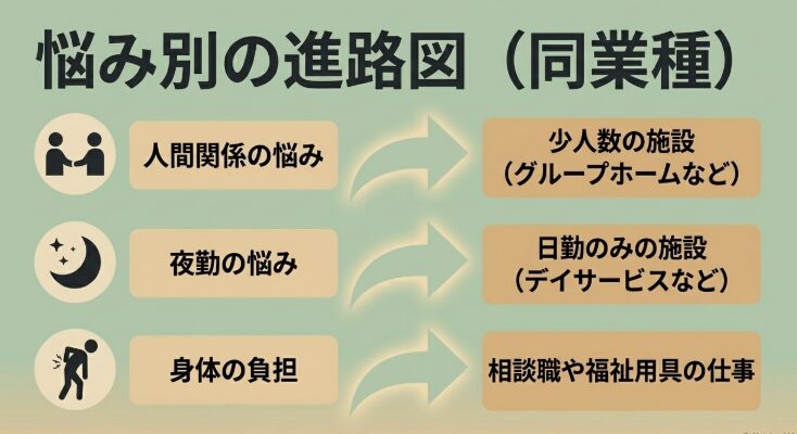 人間関係、夜勤、身体の負担といった悩み別に同業種内での転職先候補を示した図