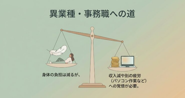 身体の負担は減るが収入減や別の疲労への覚悟が必要であることを天秤で表したイラスト