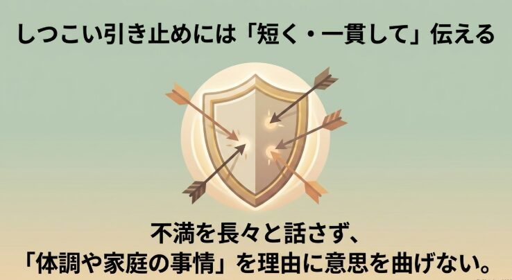 しつこい引き止めには不満を長々と話さず、短く一貫して意思を伝えるべきという解説