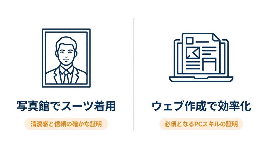 写真館でのスーツ着用による清潔感の証明と、WEB履歴書作成によるPCスキルのアピール