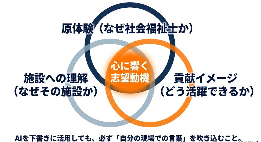 原体験、施設への理解、貢献イメージを組み合わせ、AIを下書きにしつつ自分の言葉で伝える志望動機の構成
