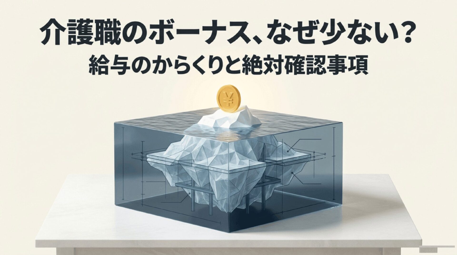 氷山に例えた介護職の給与のからくりとボーナスが少ない理由を示すイラスト