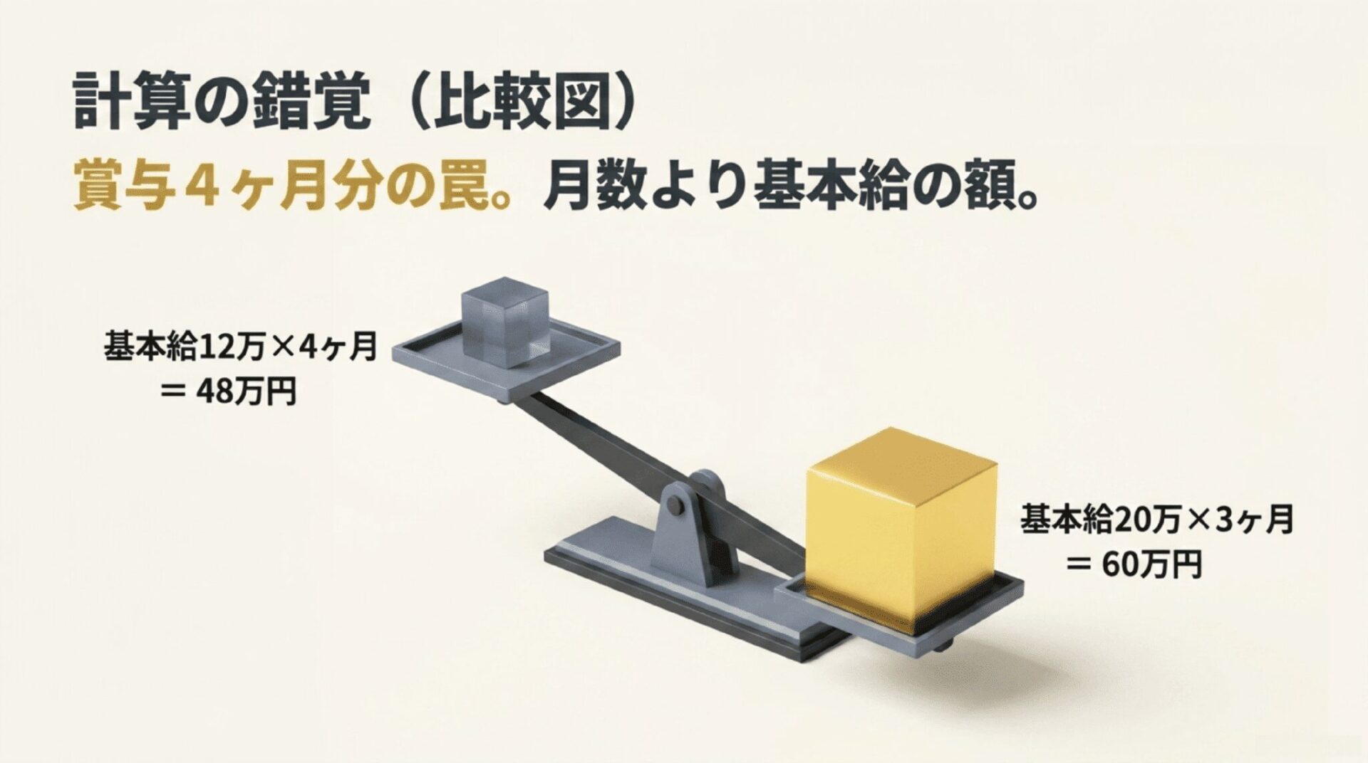 基本給12万円の4ヶ月分は48万円、基本給20万円の3ヶ月分は60万円となり、月数より基本給の額が重要であることを示す比較図