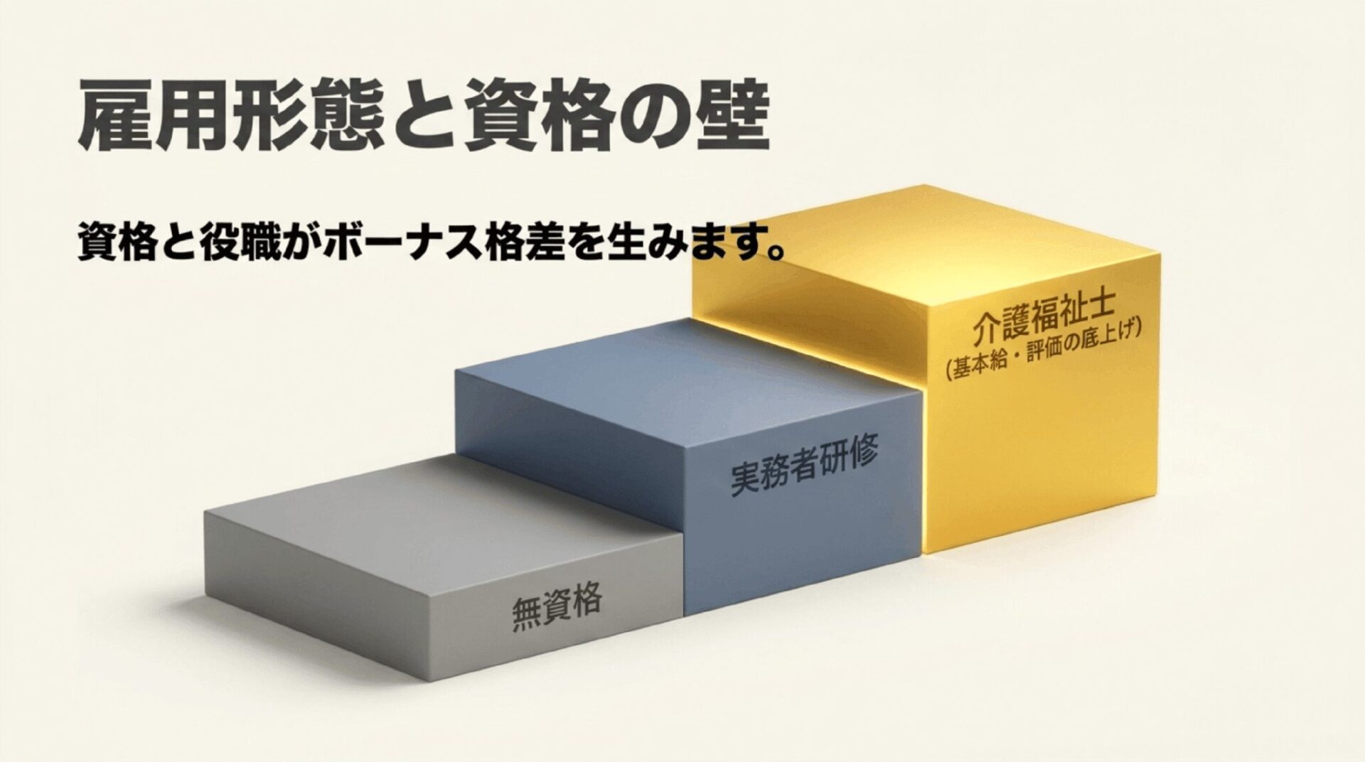 無資格から実務者研修、介護福祉士へと資格と役職が上がることで基本給や評価の底上げに繋がりボーナス格差を生むことを示す図解