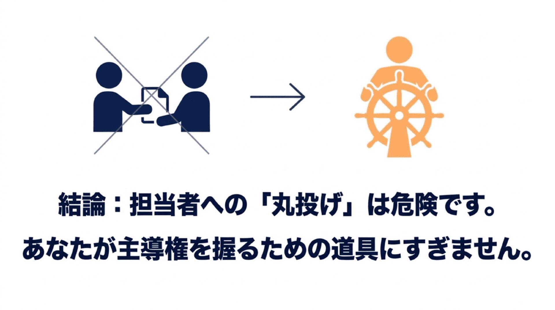 書類を手渡す二人の人物にバツ印がついたイラストと、舵を握る人物のイラスト。「結論：担当者への『丸投げ』は危険です。あなたが主導権を握るための道具にすぎません。」というテキスト。