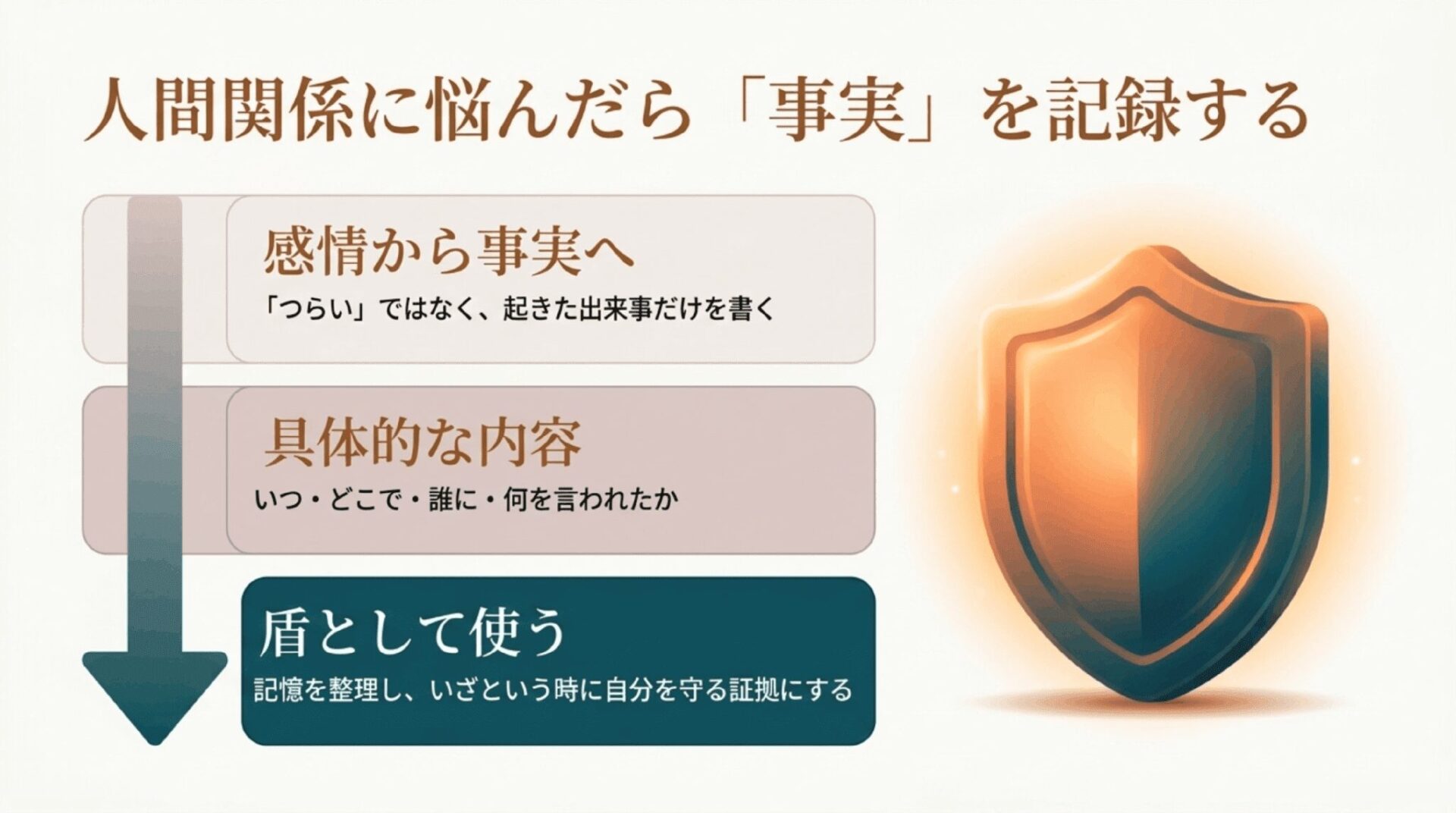 介護職が人間関係やハラスメントに悩んだ時、感情ではなく日時、場所、相手、発言内容などの事実を記録して自分を守る方法