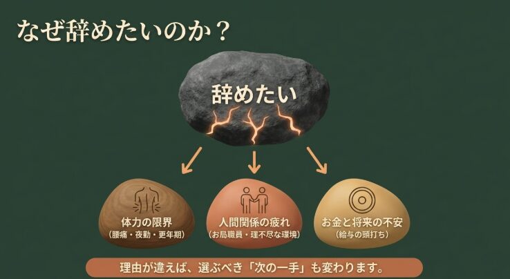 なぜ辞めたいのか? 。体力の限界、人間関係の疲れ、お金と将来の不安など、理由が違えば選ぶべき「次の一手」も変わります