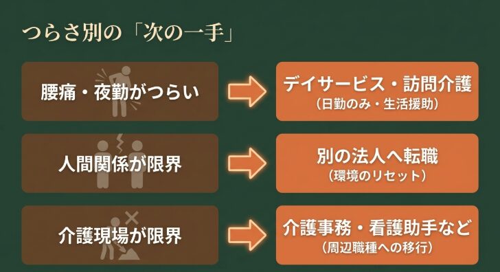 つらさ別の「次の一手」 。腰痛・夜勤がつらい場合はデイサービスや訪問介護 。人間関係が限界なら別の法人へ転職 。介護現場が限界なら介護事務や看護助手への移行