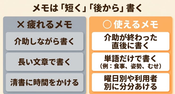 介助しながら長い文章で書く「疲れるメモ」と、介助直後に単語だけで書き曜日や利用者別に分ける「使えるメモ」の違いを比較したスライド画像。