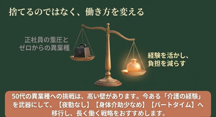 捨てるのではなく、働き方を変える 。介護の経験を活かし、負担を減らす 。夜勤なしや身体介助少なめへ移行し、長く働く戦略をおすすめします
