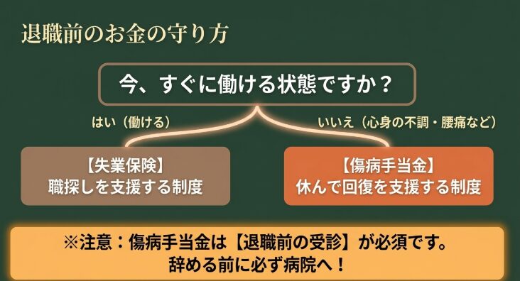 退職前のお金の守り方 。すぐに働ける状態なら失業保険、心身の不調がある場合は傷病手当金 。傷病手当金は退職前の受診が必須です