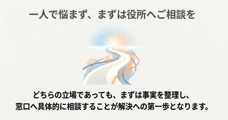 生活保護の申請者と扶養照会を受けた親族が事実を整理して福祉事務所へ相談することを示すまとめの図