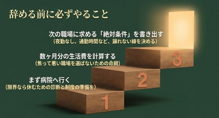 辞める前に必ずやること 。次の職場に求める絶対条件を書き出す 。数ヶ月分の生活費を計算する 。限界ならまず病院へ行く