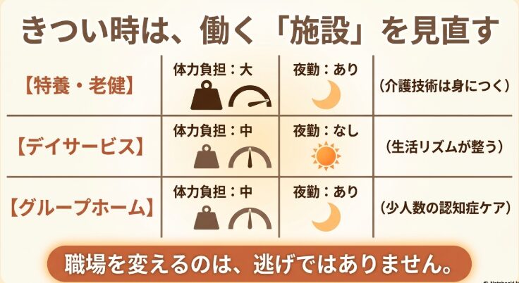 特養・老健（体力負担大、夜勤あり）、デイサービス（体力負担中、夜勤なし）、グループホーム（体力負担中、夜勤あり）の特徴をまとめ、「職場を変えるのは、逃げではありません」と記載されたスライド画像。