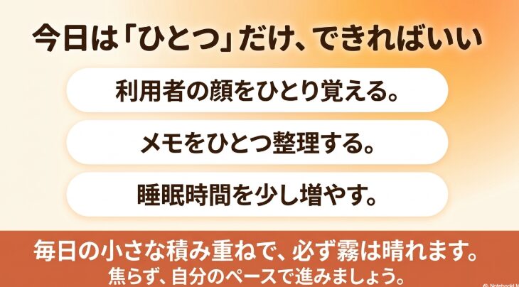 「今日は『ひとつ』だけ、できればいい」として、顔をひとり覚える、メモをひとつ整理する、睡眠時間を少し増やすといった毎日の小さな積み重ねの大切さを伝えるスライド画像。