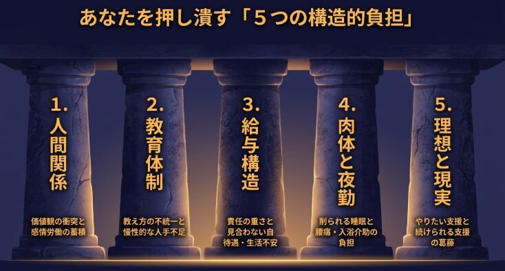 介護職の負担となる5つの構造（人間関係、教育体制、給与構造、肉体と夜勤、理想と現実）