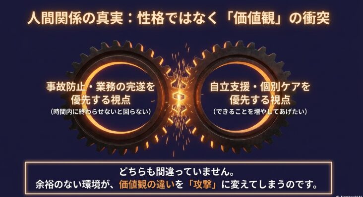 事故防止・業務完遂を優先する視点と、自立支援・個別ケアを優先する視点の衝突を表した歯車の図