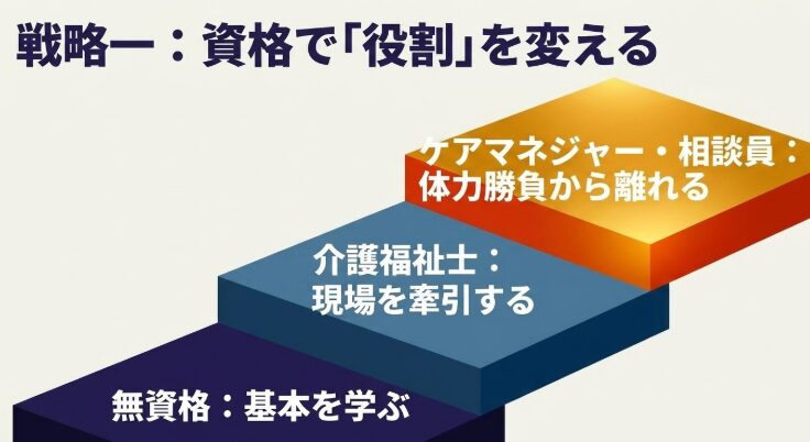 戦略一：資格で「役割」を変える。無資格、介護福祉士、ケアマネジャーへと体力勝負から離れるステップ