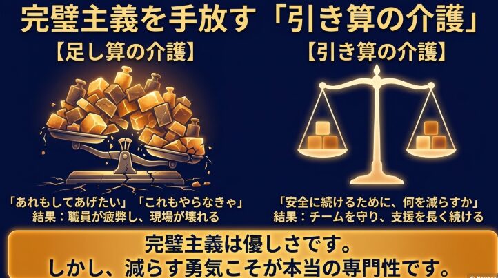 足し算の介護で崩れる天秤と、引き算の介護でバランスの取れた天秤の比較図