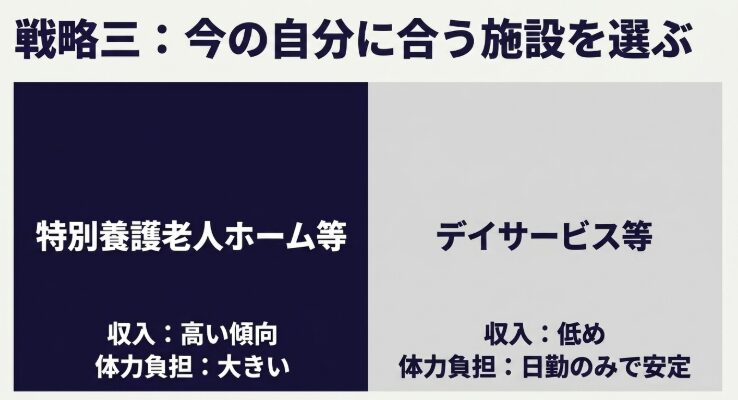 戦略三：今の自分に合う施設を選ぶ。特別養護老人ホーム等とデイサービス等の収入と体力負担の比較