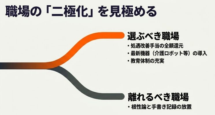 職場の「二極化」を見極める。処遇改善の還元や最新機器の導入など、選ぶべき職場と離れるべき職場の違い