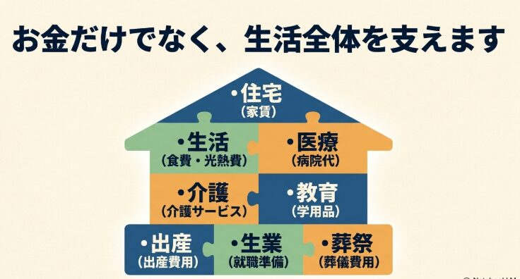 生活扶助、住宅扶助、医療扶助、介護扶助、教育扶助、出産扶助、生業扶助、葬祭扶助の8種類を示すスライド