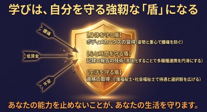 ボディメカニクス、記録の技術、資格取得が、それぞれ身体、心、生活を守る盾になることを示す図