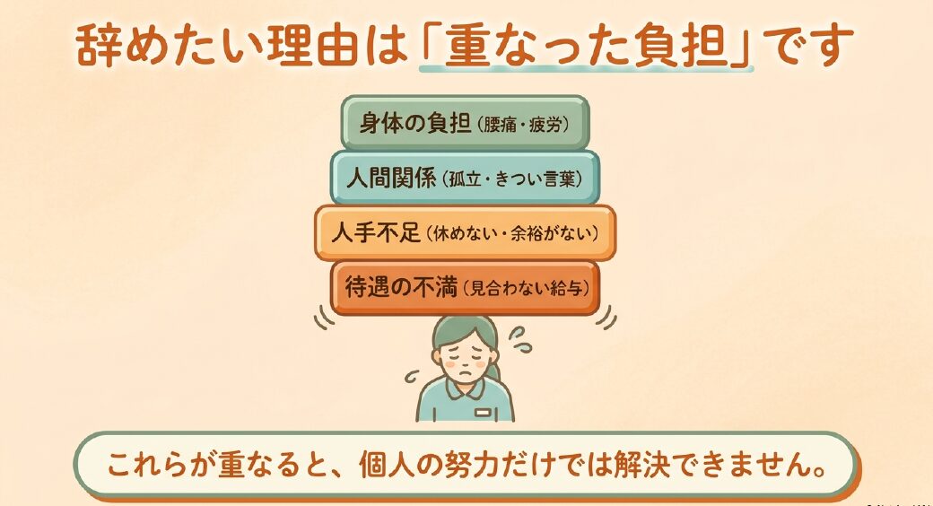 辞めたい理由は「重なった負担」であることを説明する画像です。 身体の負担(腰痛・疲労)、人間関係(孤立・きつい言葉)、人手不足(休めない・余裕がない)、待遇の不満(見合わない給与)が挙げられています。 これらが重なると、個人の努力だけでは解決できないことを示しています。