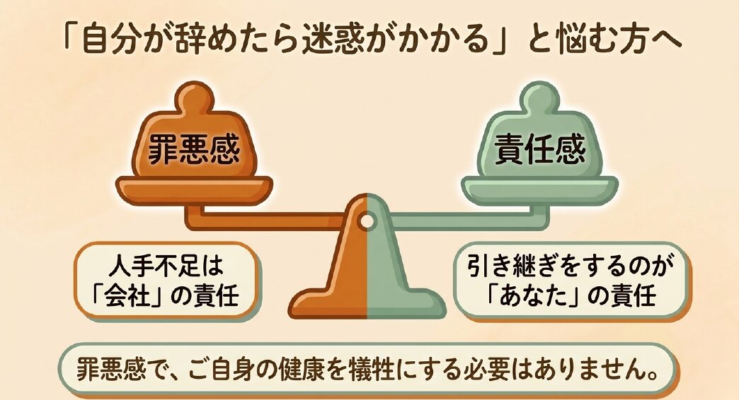 「自分が辞めたら迷惑がかかる」と悩む方へ向けたメッセージ図解です。 罪悪感と責任感を分け、人手不足は「会社」の責任、引き継ぎをするのが「あなた」の責任であると解説しています。 罪悪感で、ご自身の健康を犠牲にする必要はありませんと強調しています。