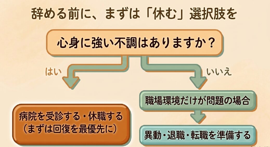 辞める前に、まずは「休む」選択肢を提示するフローチャートです。 心身に強い不調がある場合は「はい」へ進み、病院を受診する・休職するなど、まずは回復を最優先にするよう促しています。 不調がない（いいえ）、または職場環境だけが問題の場合は、異動・退職・転職を準備するルートを示しています。