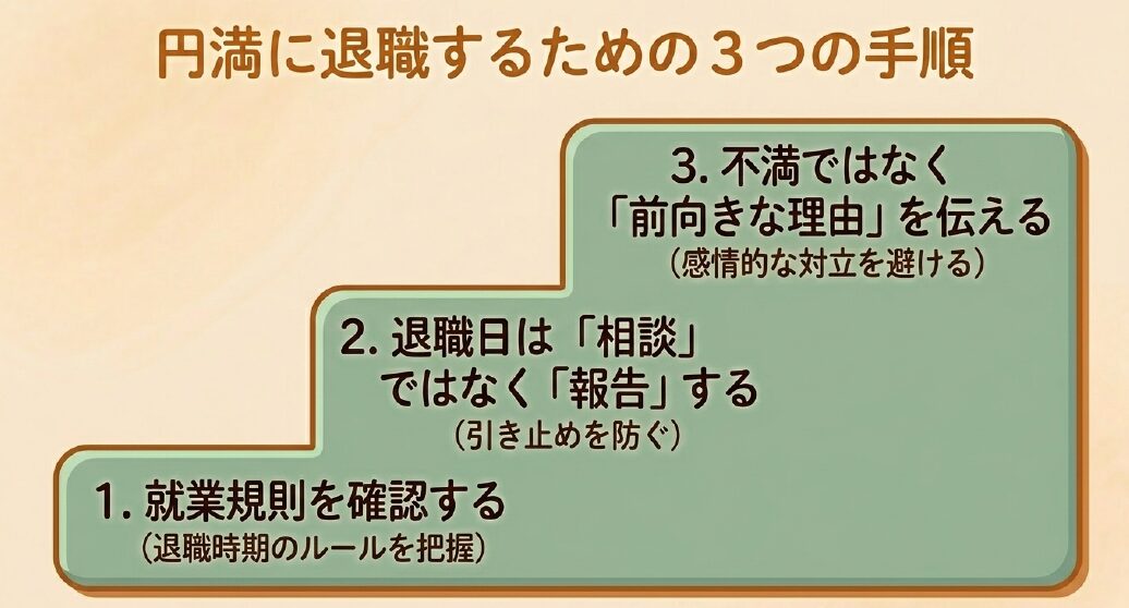 円満に退職するための3つの手順を解説する図です。 手順1として、退職時期のルールを把握するために就業規則を確認することを挙げています。 手順2として、引き止めを防ぐために退職日は「相談」ではなく「報告」することを挙げています。 手順3として、感情的な対立を避けるために不満ではなく「前向きな理由」を伝えることを挙げています。