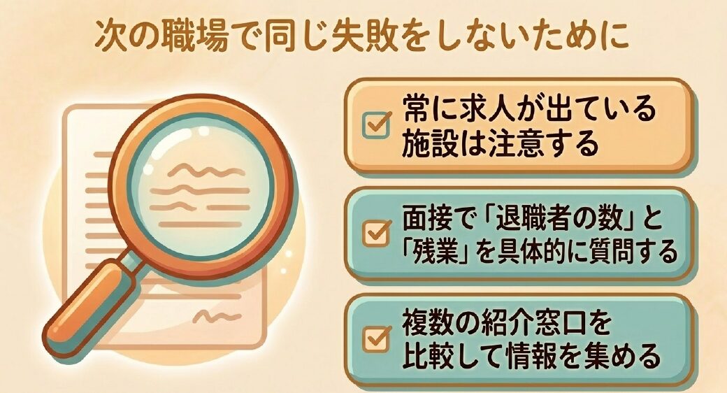 次の職場で同じ失敗をしないための確認ポイントをまとめています。 常に求人が出ている施設は注意することを示しています。 面接で「退職者の数」と「残業」を具体的に質問することを推奨しています。 候補となる紹介窓口を比較し、まずは1社から相談し、必要に応じて追加することをアドバイスしています。